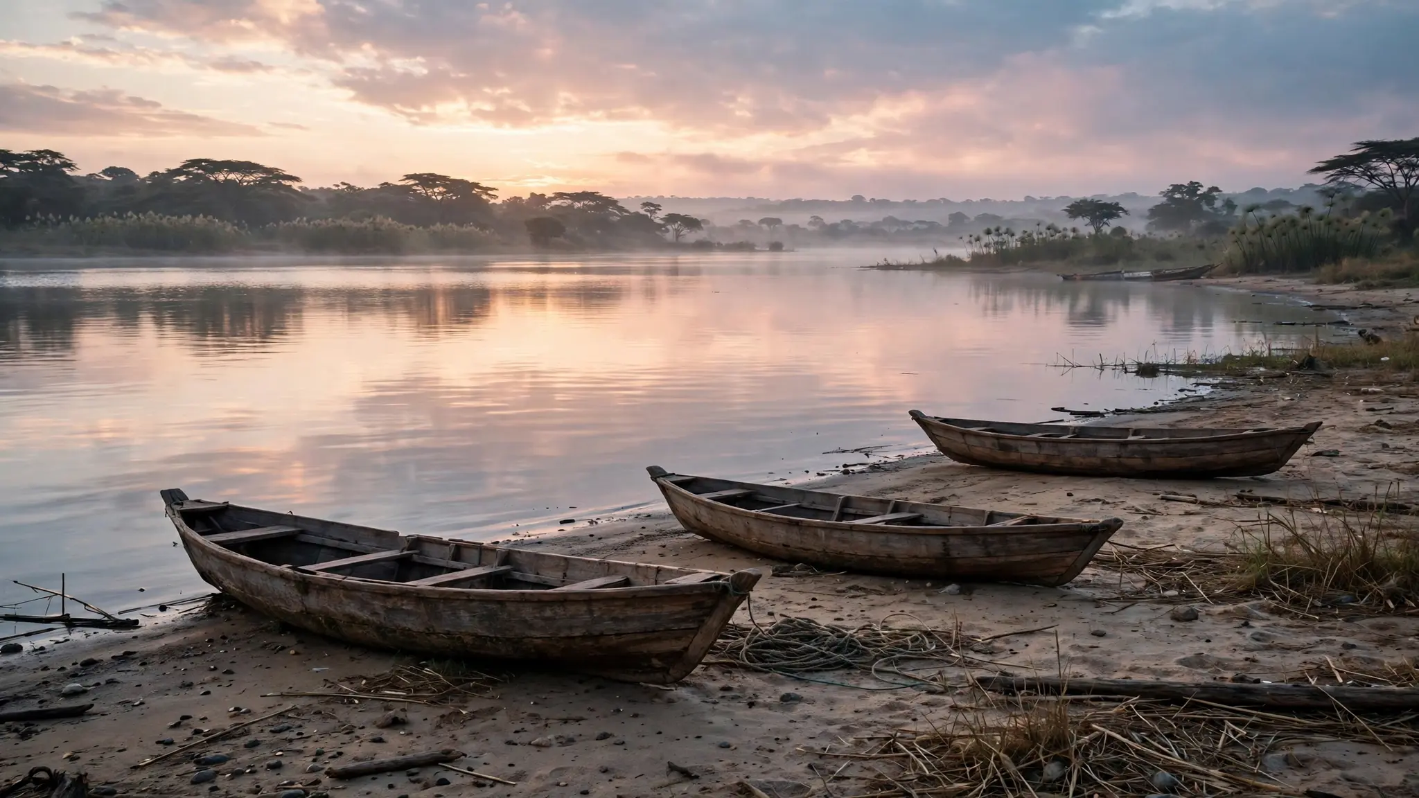 A quiet Lake Victoria shoreline at dawn with empty wooden fishing boats on calm water, no people close by