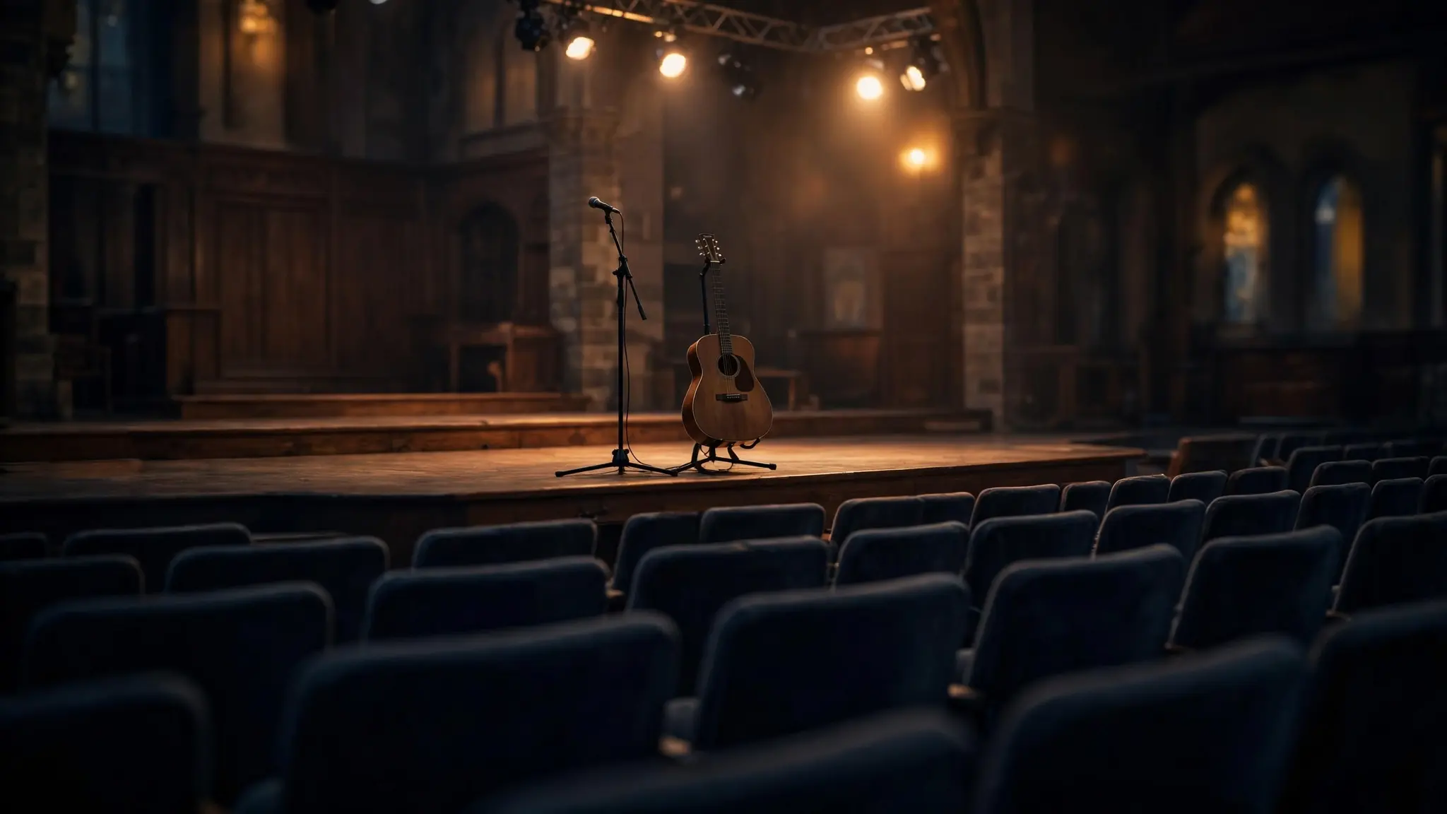 An empty church stage with an acoustic guitar on a stand under warm lights, no people