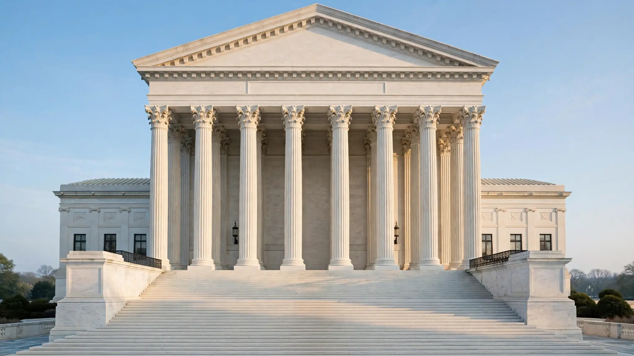 The United States Supreme Court building exterior with wide empty marble steps in soft morning light