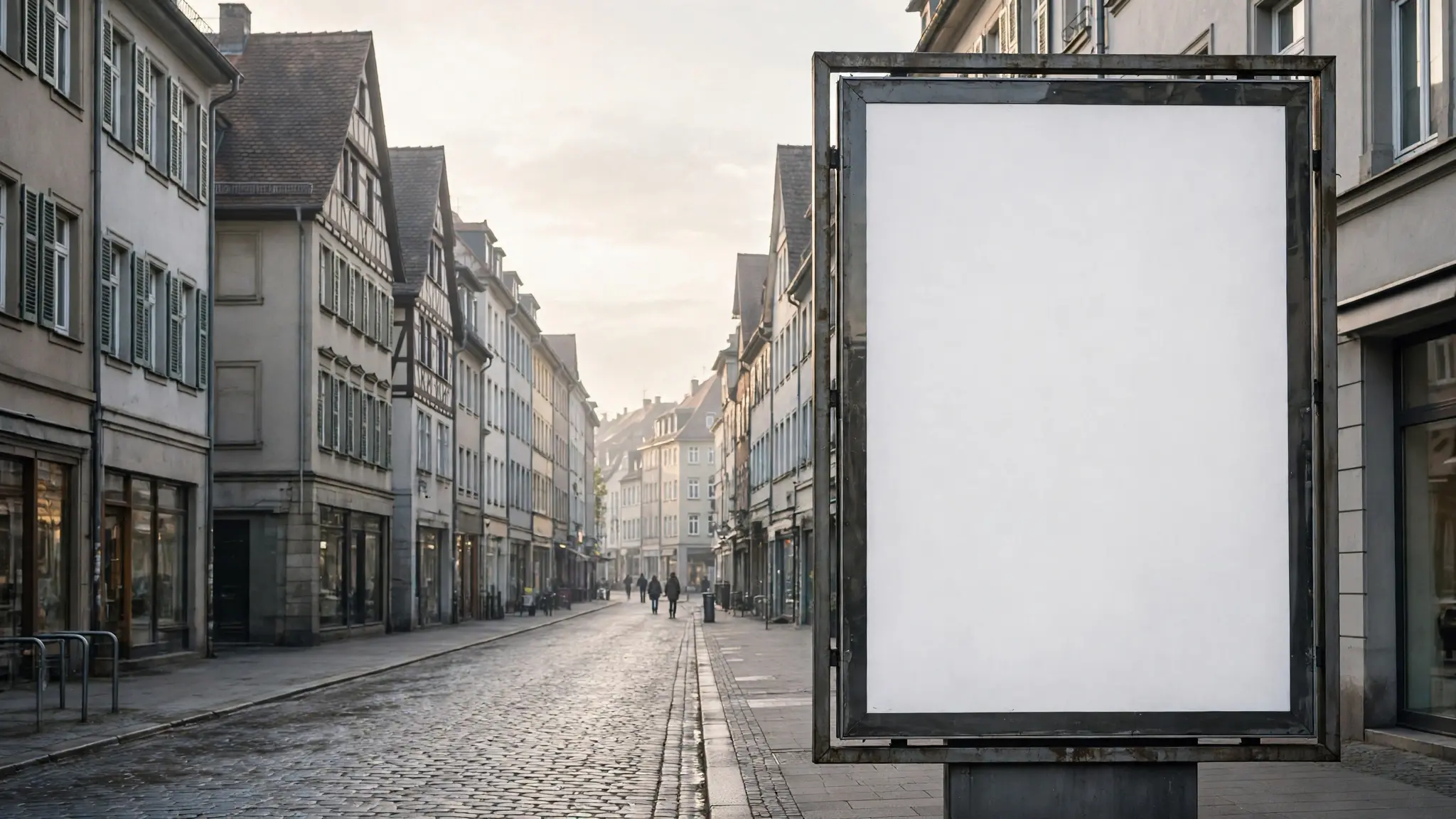 A German city street with a large blank billboard frame and pedestrians seen from behind at a distance