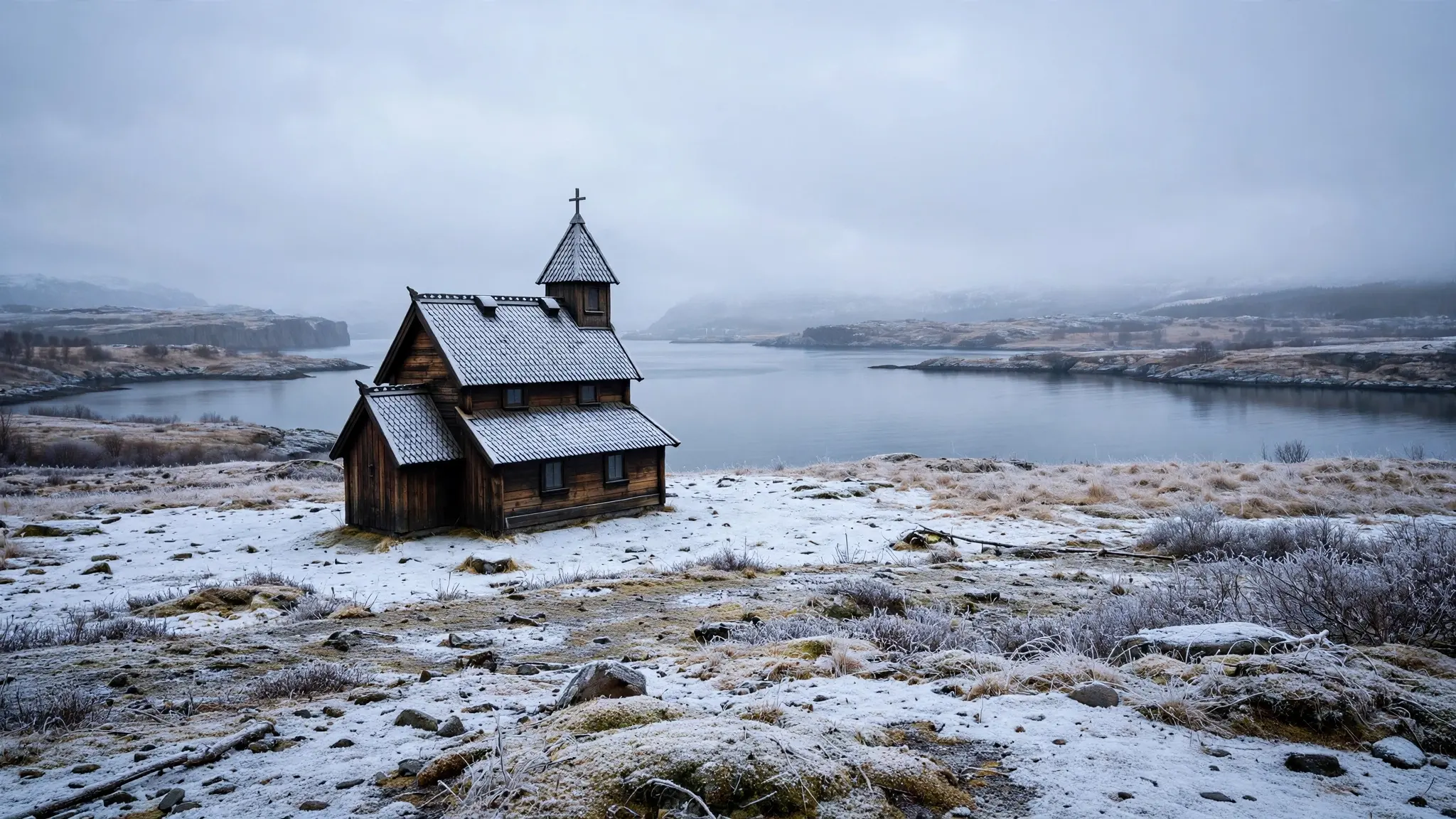 A small Nordic wooden church in pale winter light with snow and a fjord in the background
