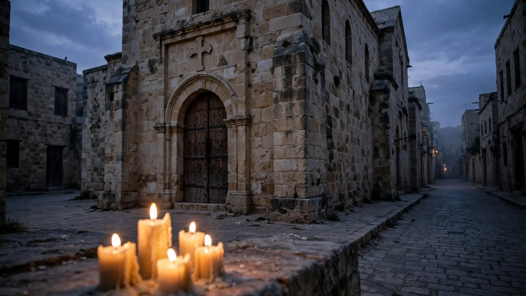A Middle Eastern stone church exterior at dusk on an empty quiet street with lit candles in the foreground