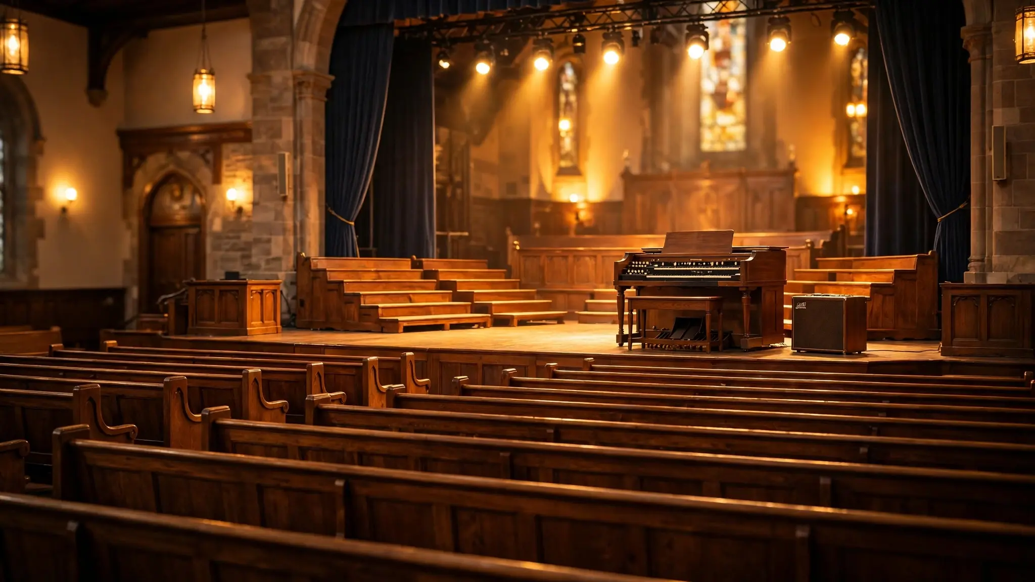 An empty church interior with choir risers and a Hammond organ on a warmly lit stage