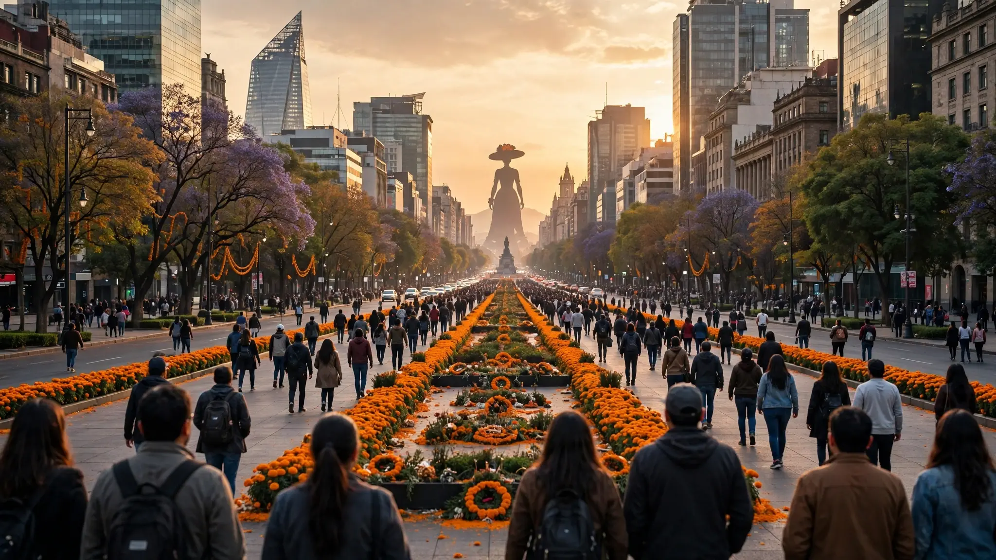 Paseo de la Reforma en Ciudad de México decorado con flores de cempasúchil para el Día de Muertos, con una catrina gigante a lo lejos y público visto desde atrás