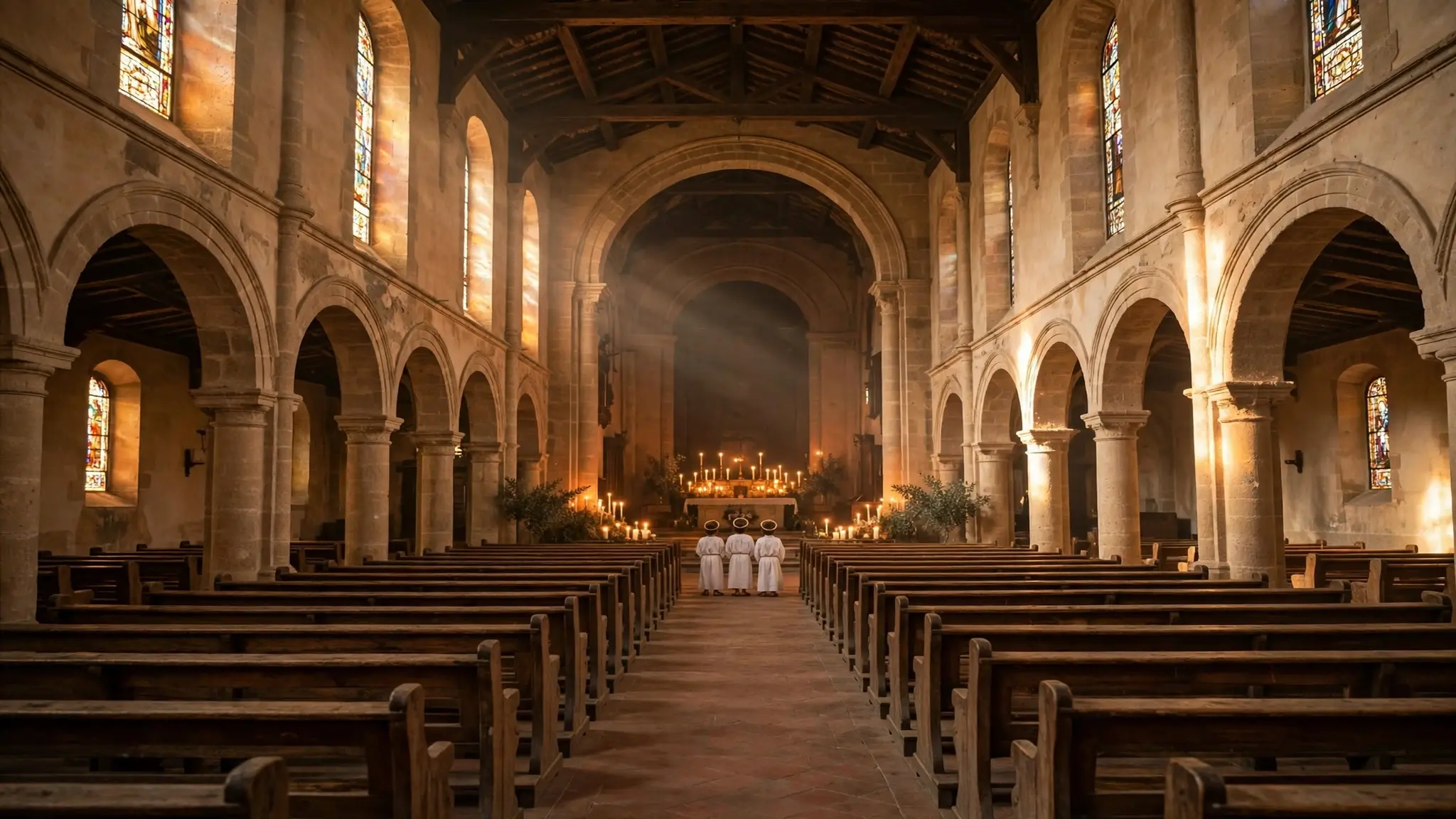 Interior de una parroquia española con luz cálida, bancos de madera vacíos y niños disfrazados de santos vistos desde atrás a lo lejos, cerca del altar