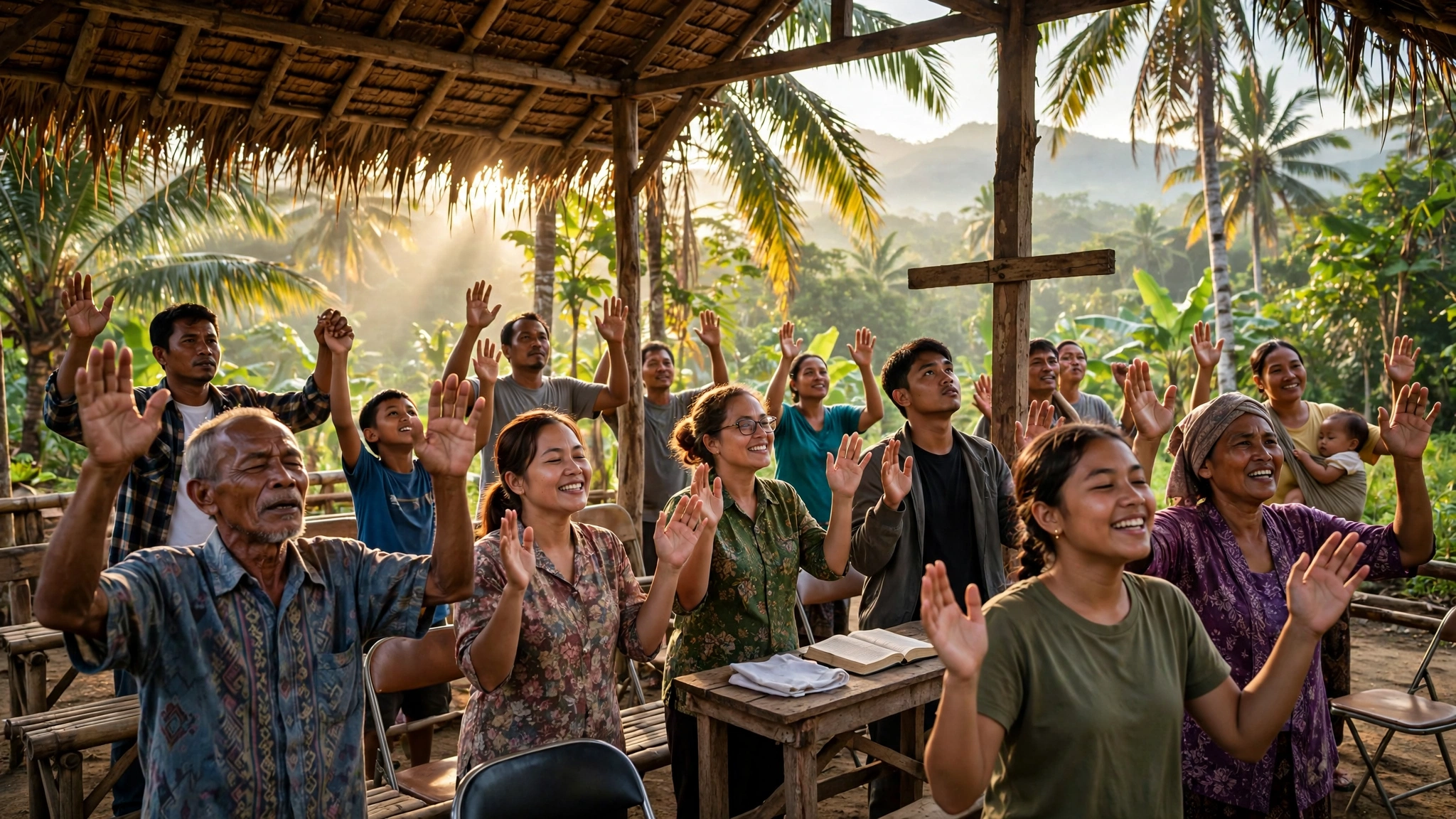 Indonesian Christians worshipping together in an open-air church