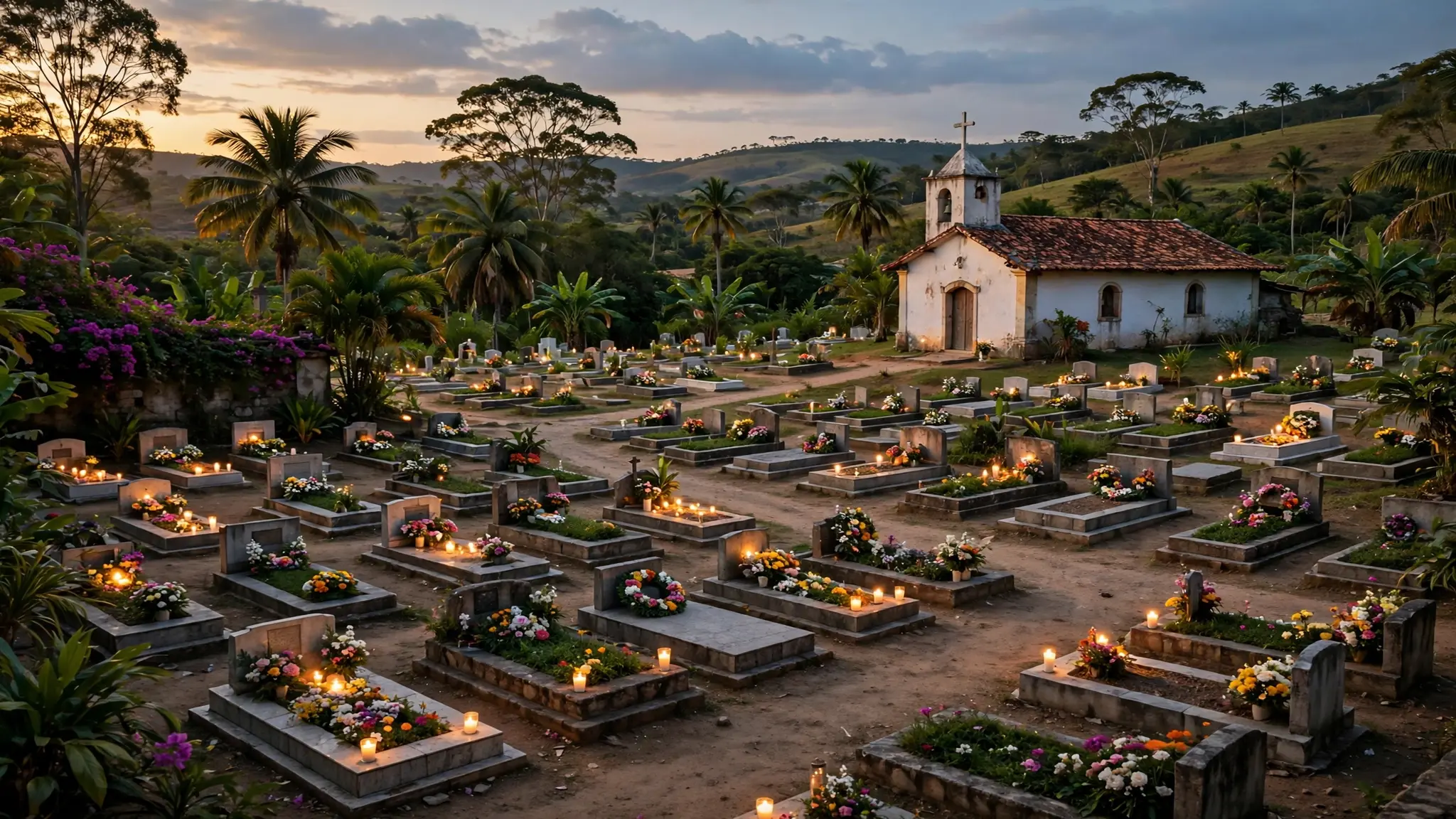 Cemitério brasileiro e pequena igreja ao entardecer, com velas e flores sobre os túmulos e caminhos vazios e silenciosos