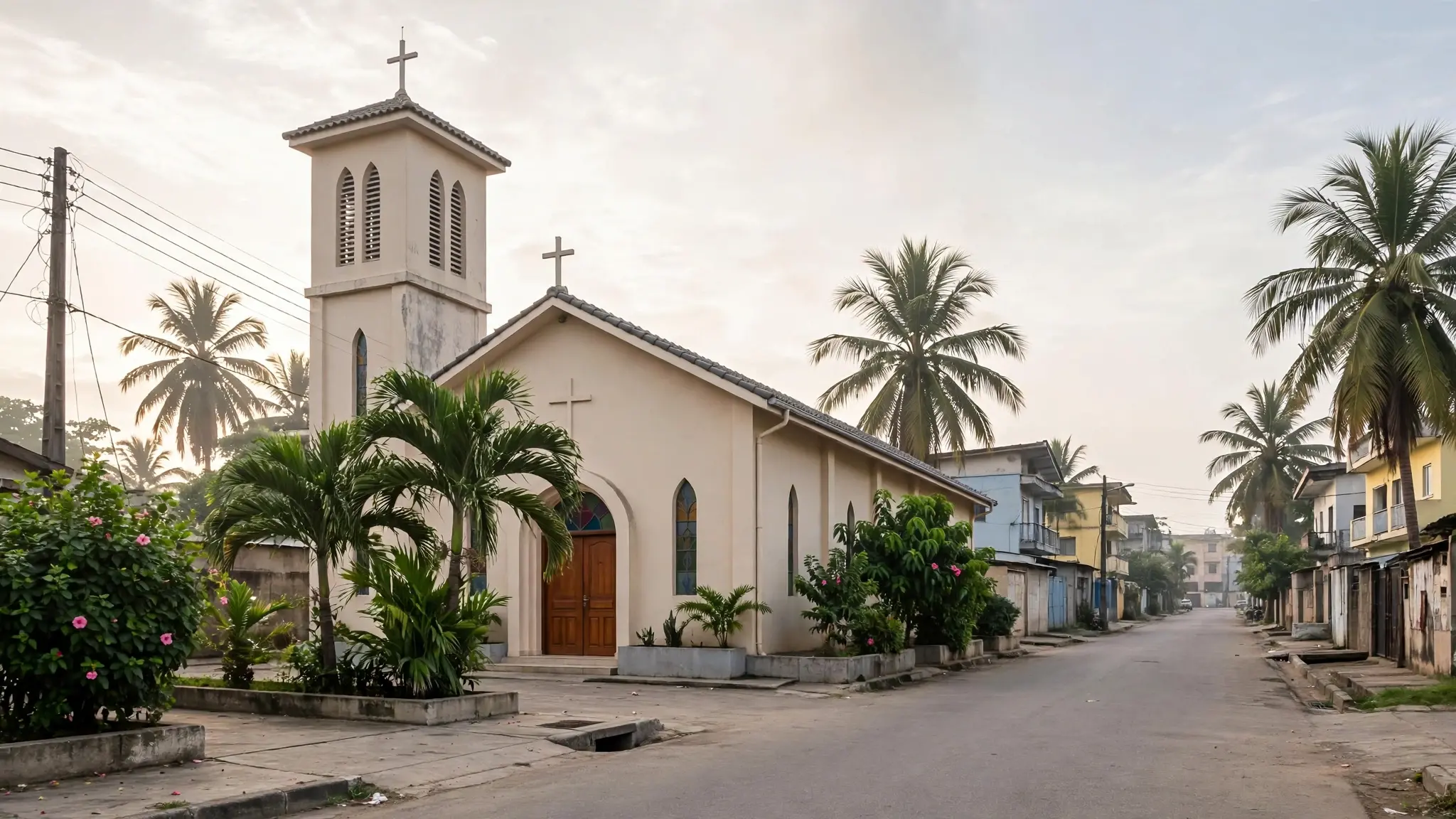 Extérieur d'une église à Abidjan un dimanche matin, rue calme et vide, palmiers et lumière douce du matin