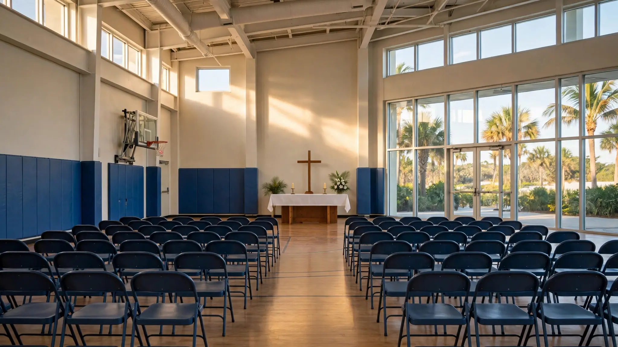 A bright Florida recreation center gymnasium set up for Sunday Mass with folding chairs, a wooden cross, and palm trees outside