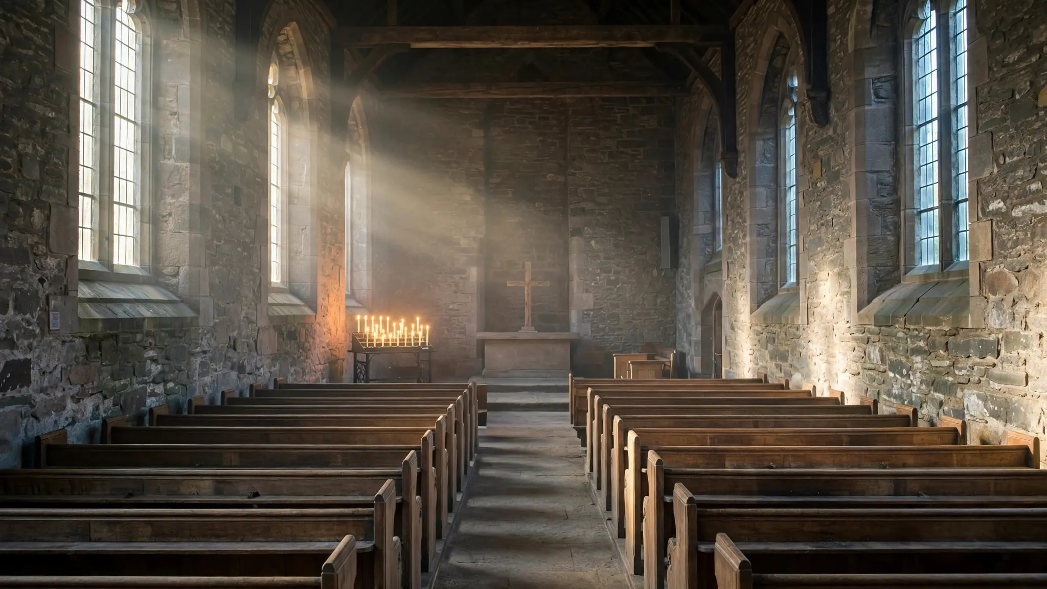The interior of an old Scottish stone parish church in soft morning light with lit candles and wooden pews