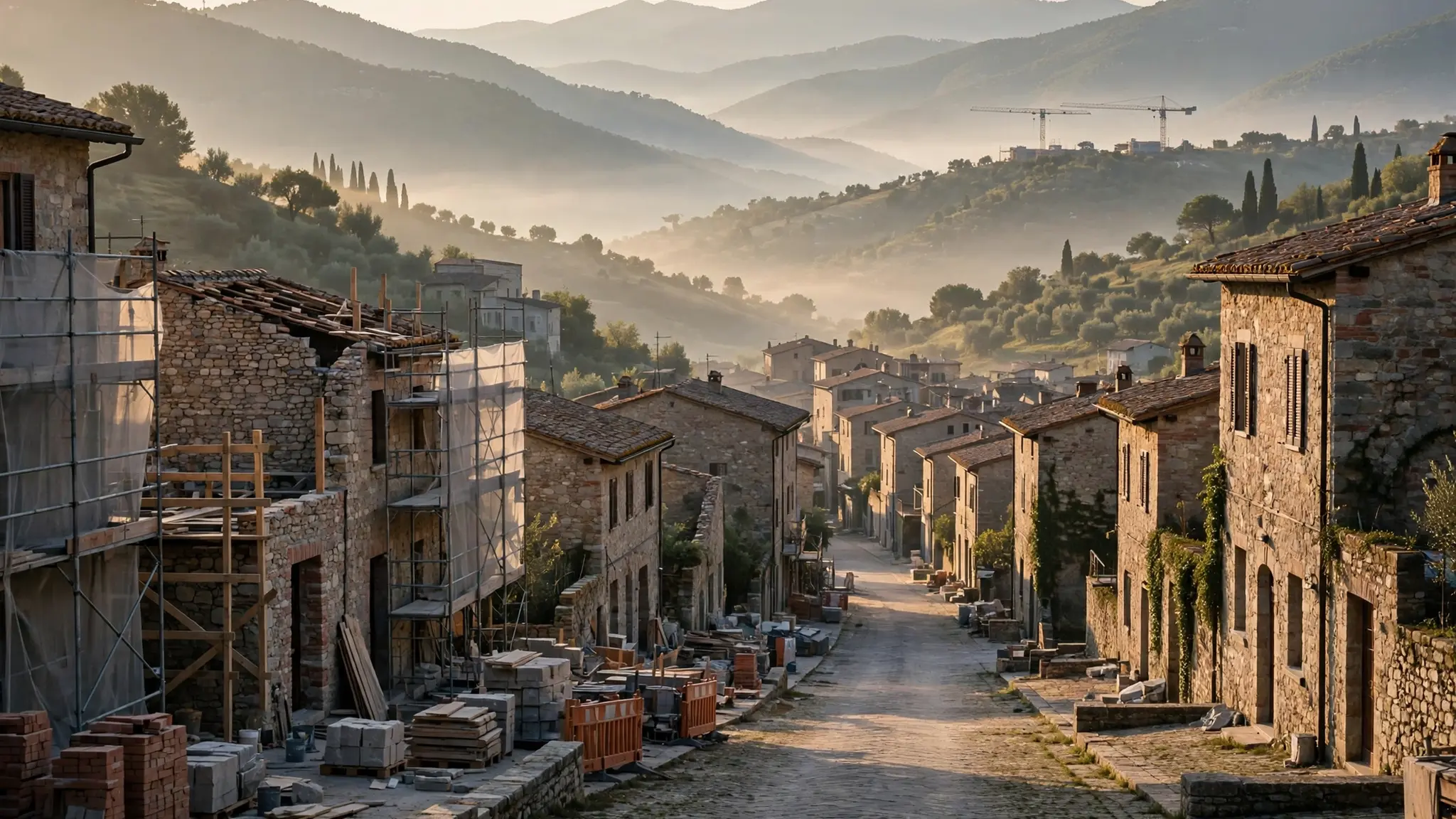 An Italian hill town in the central Apennines at golden morning light, with rebuilt stone houses, scaffolding, and mountains behind