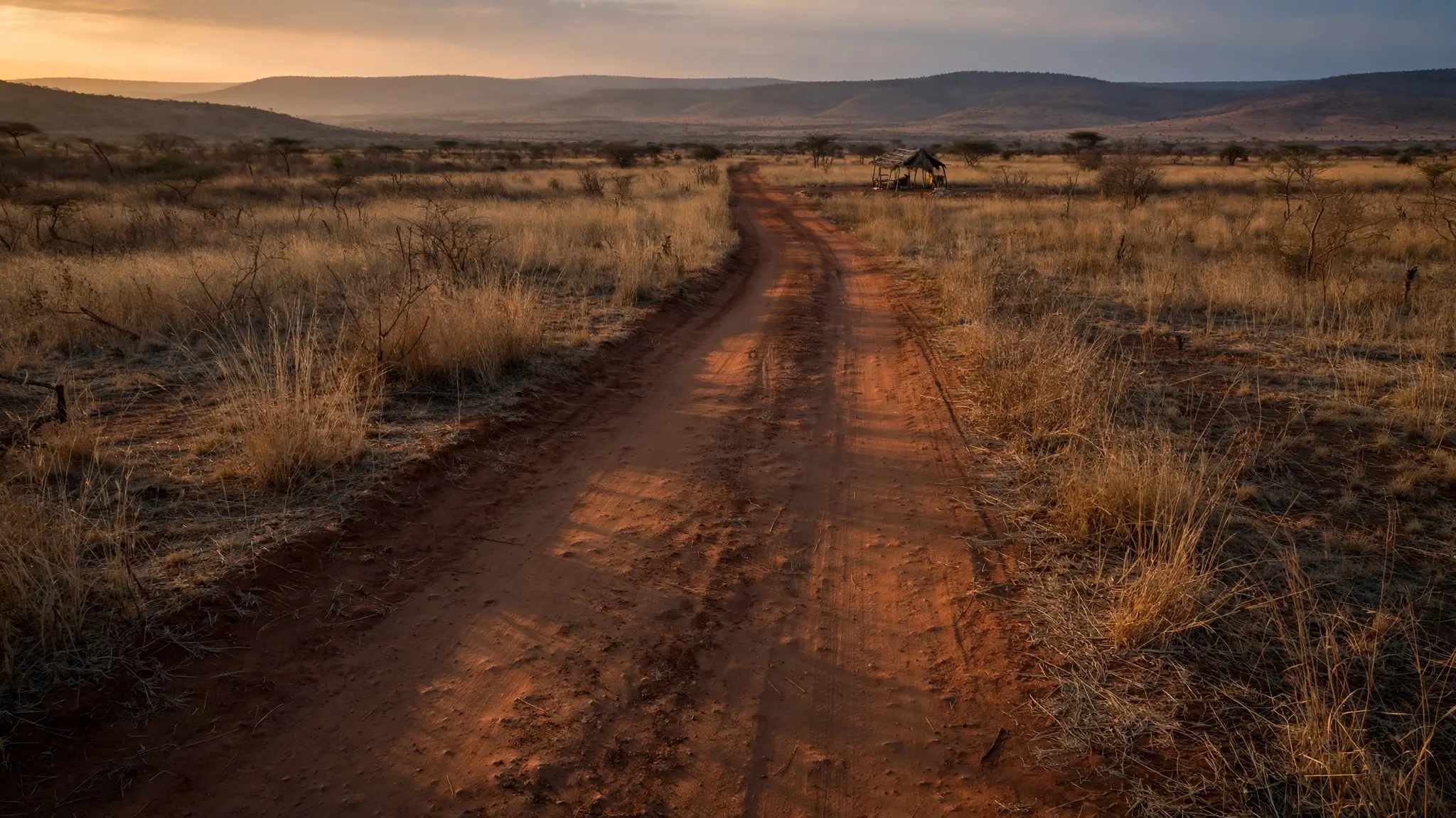 A quiet dusty road through dry golden grassland in northern Nigeria at dusk, empty and still