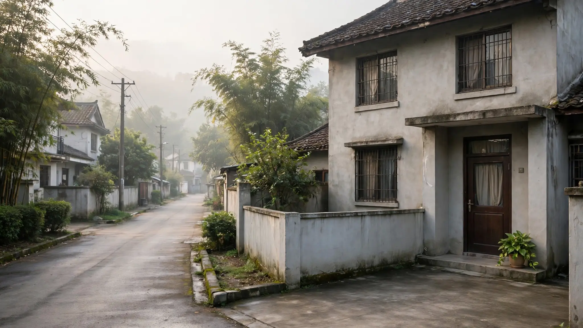 A modest suburban house exterior in Jiangxi, China in soft morning light, empty and quiet