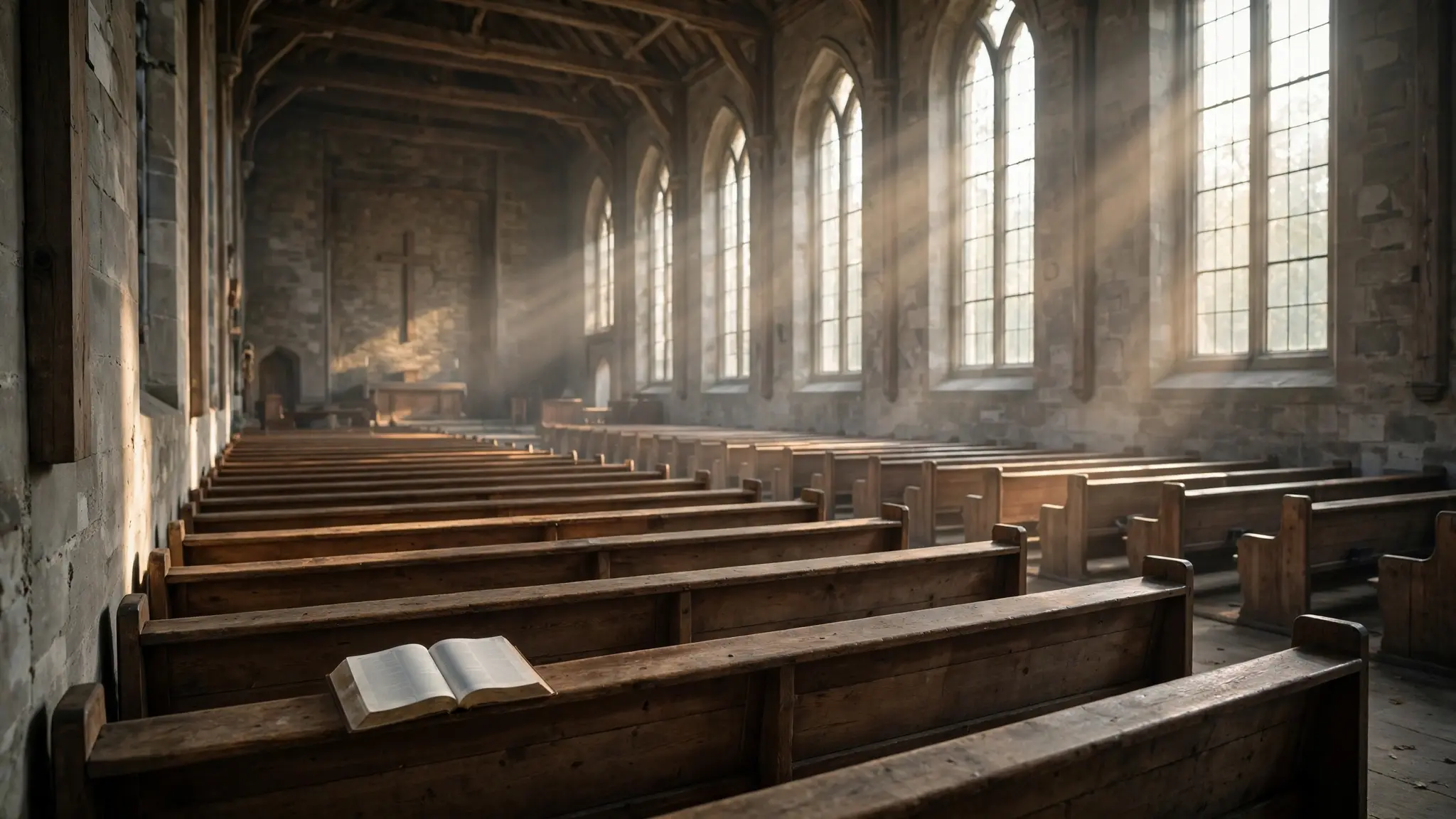An empty church interior seen from the back corner, wooden pews in soft morning light with an open Bible on one pew
