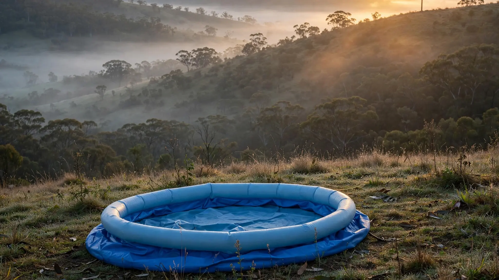 A mountain hilltop in rural New South Wales at sunrise with a wooden cross on the ridge and morning mist below