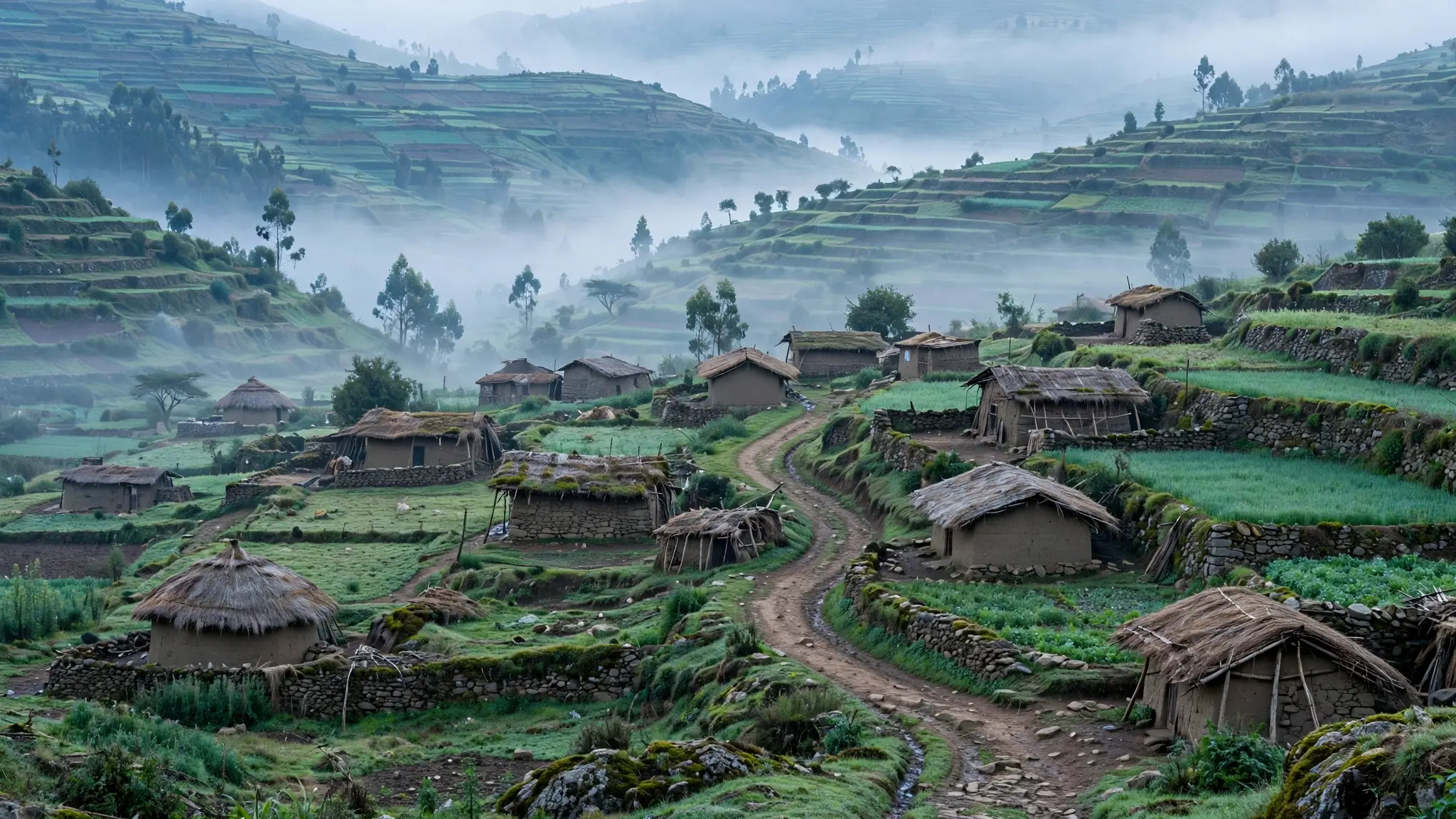 A rural Ethiopian highland farming village at dawn, with scattered homes, fields and distant hills, quiet and still