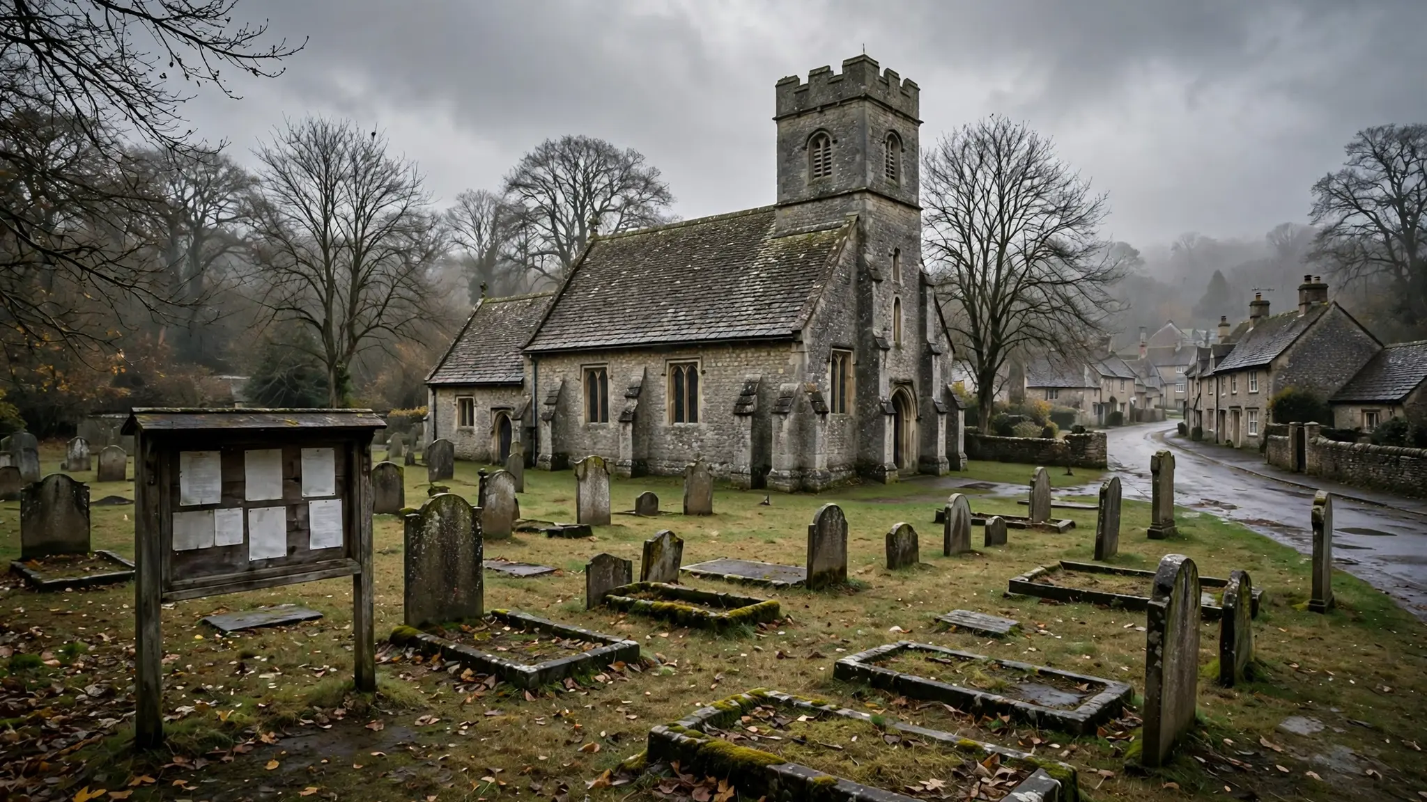 A stone parish church in an English village under grey autumn skies, with a notice board and churchyard in front