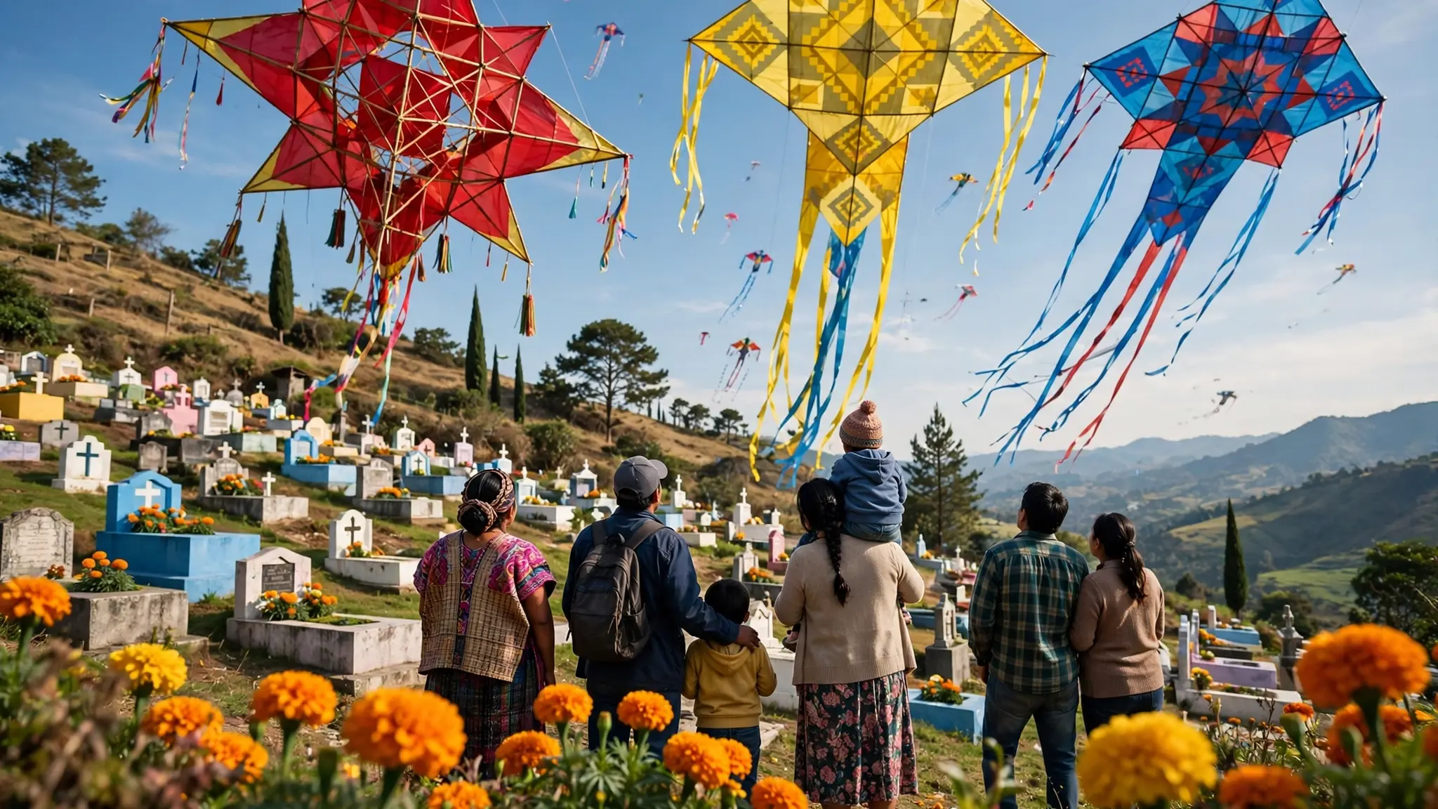 Barriletes gigantes de colores sobre un cementerio en una ladera de Guatemala, con familias mirando hacia el cielo
