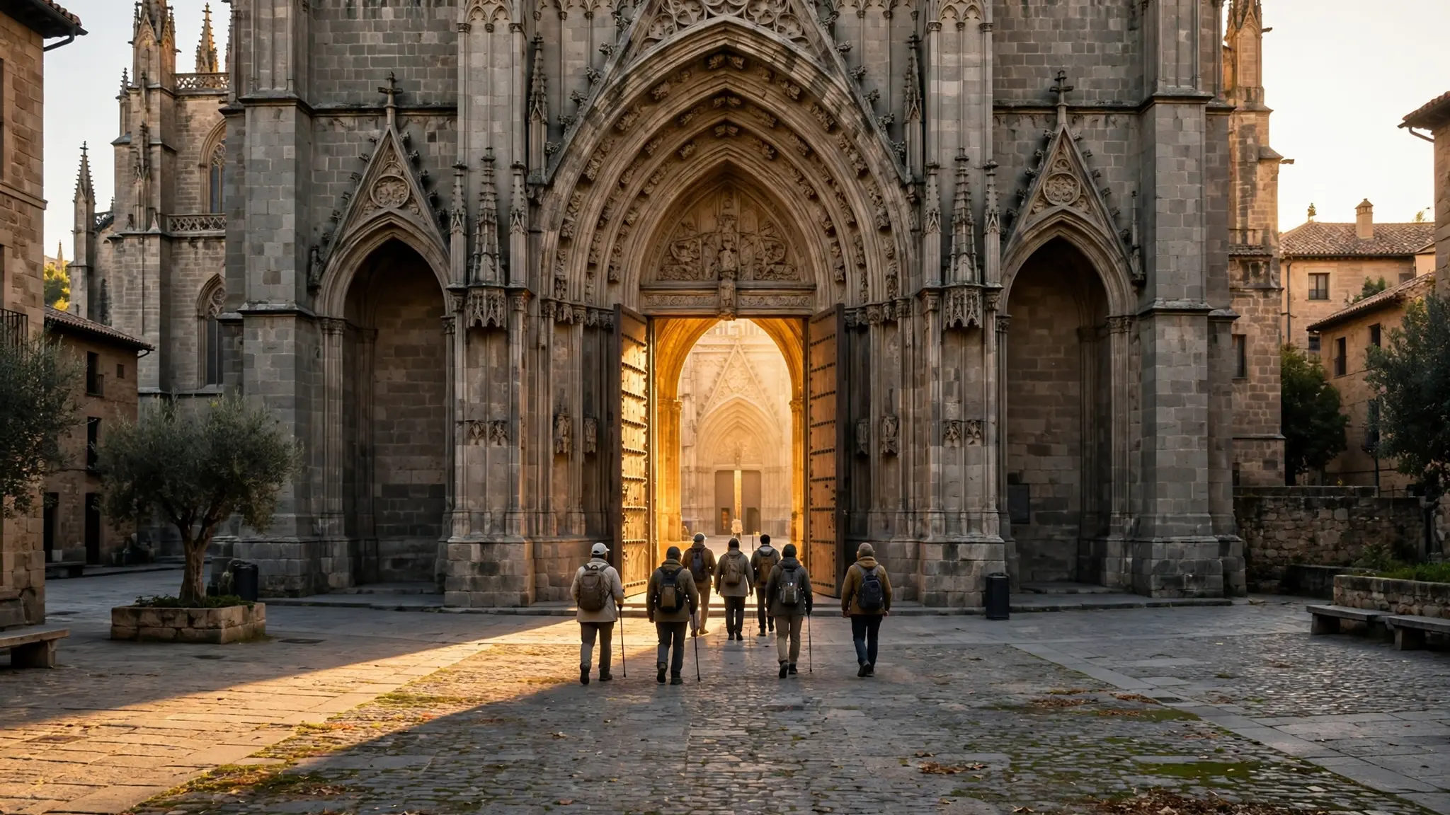 Peregrinos vistos desde atrás caminando hacia la puerta abierta de una catedral gótica en España bañada de luz dorada