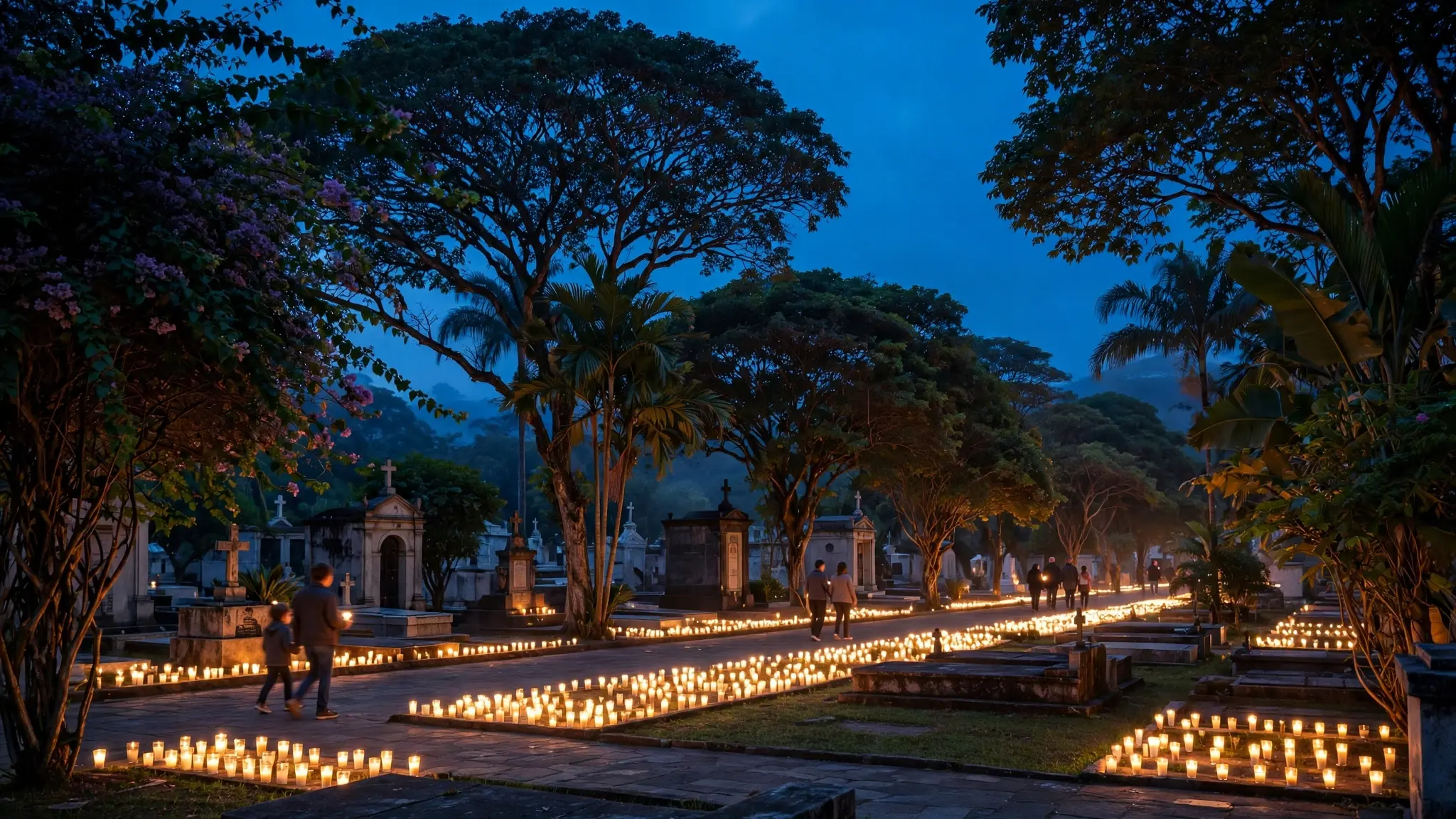 Cemitério ao entardecer em Curitiba, com fileiras de velas acesas no chão, famílias caminhando entre árvores e luz quente contra o céu azul da noite