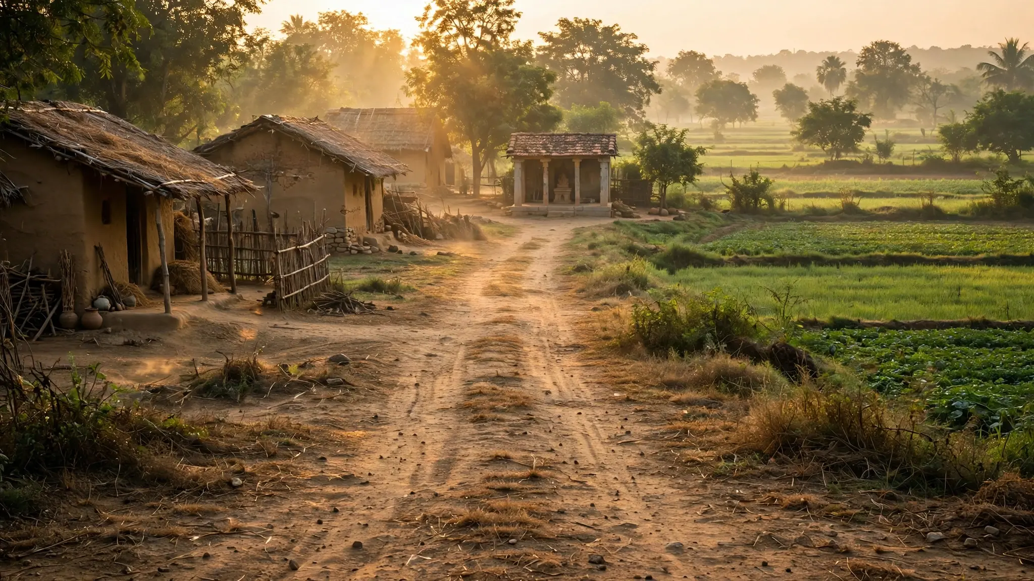 सुबह की सुनहरी रोशनी में छत्तीसगढ़ के एक गाँव की शांत गली, खेत और दूर एक छोटा प्रार्थना कक्ष, खाली मिट्टी का रास्ता