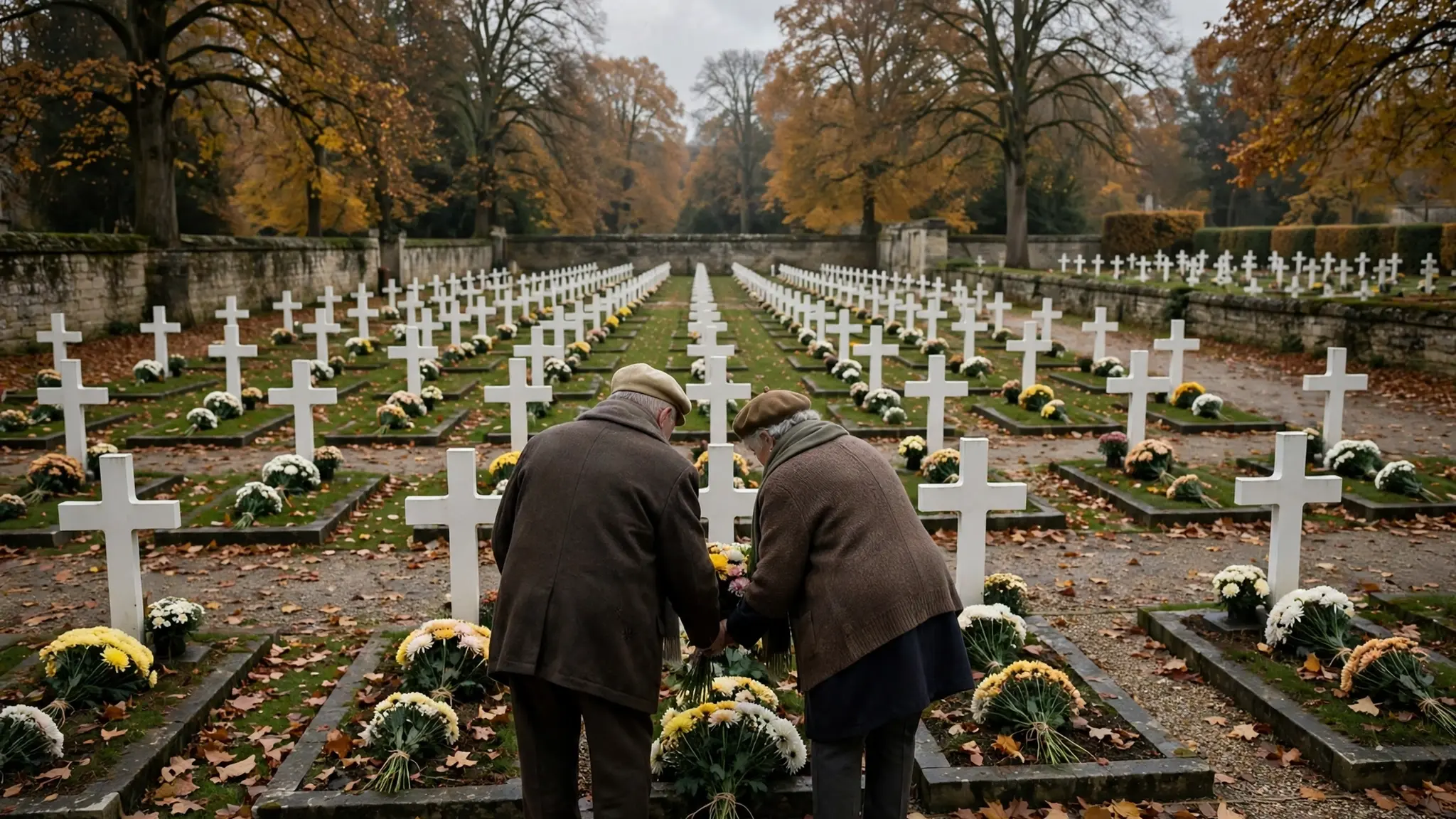Carré militaire d'un cimetière français en automne, rangées de croix blanches et bouquets de chrysanthèmes, lumière douce et ciel couvert