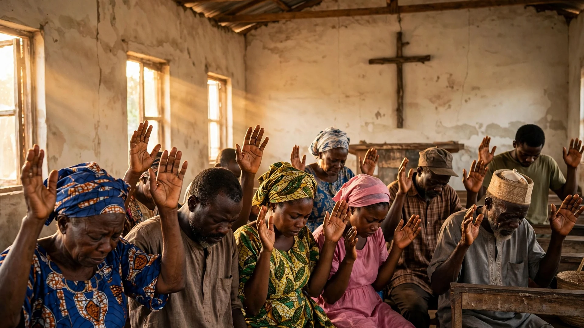 Nigerian Christians praying together in church despite persecution
