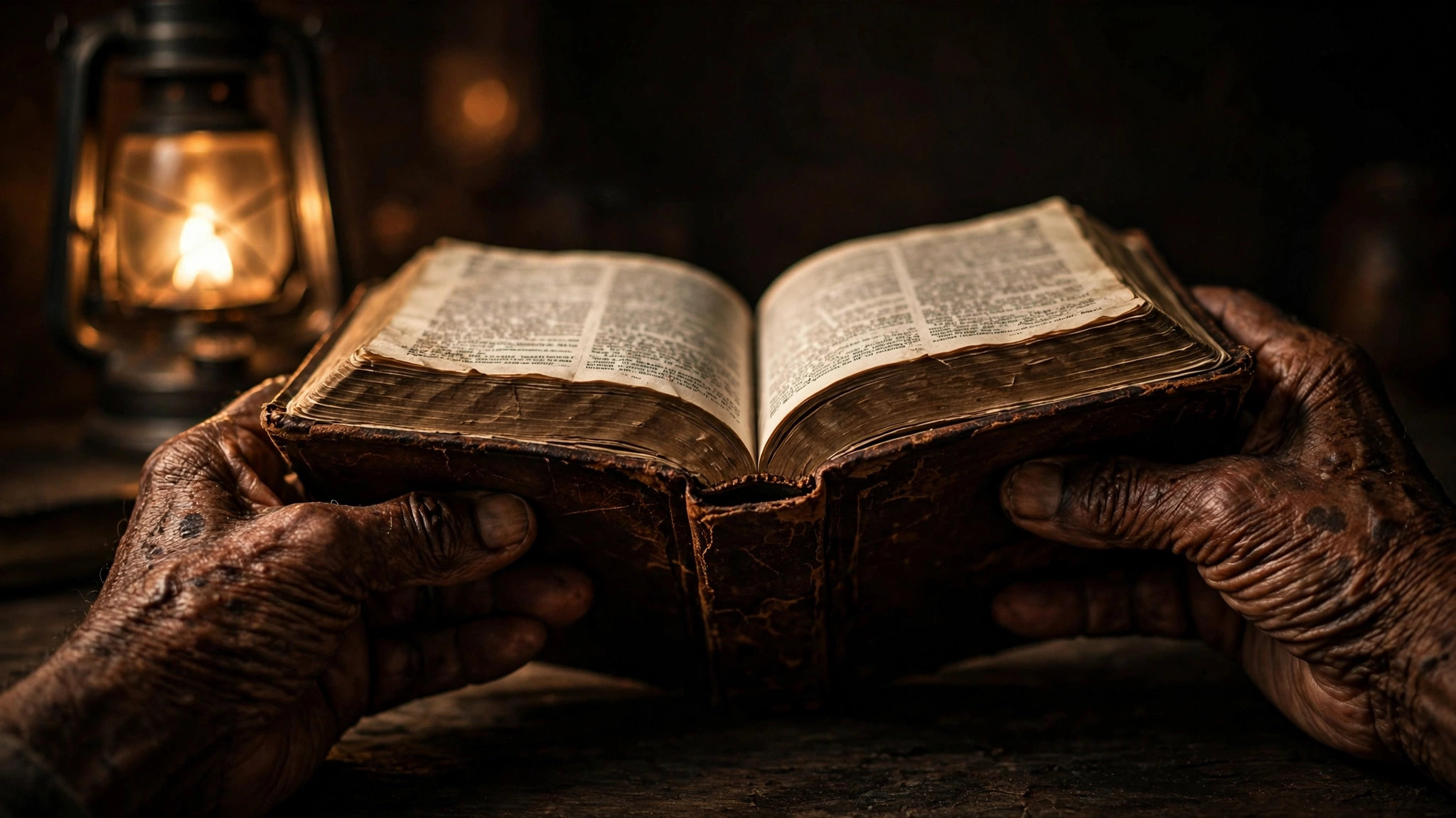 Hands holding a worn Bible by lantern light — Bible access crisis 2026