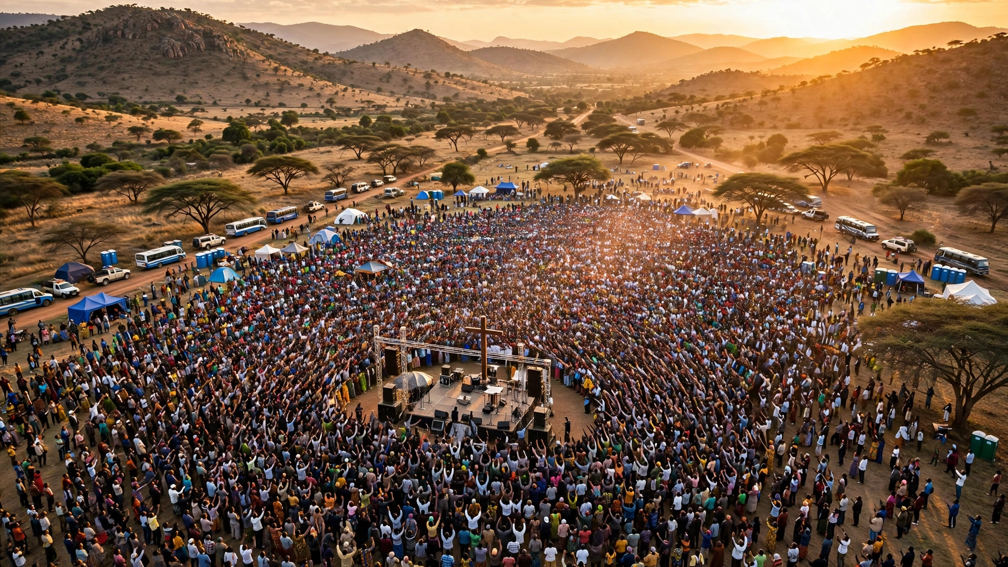 Thousands of African Christians worshipping outdoors at sunset — global south Christianity 2026