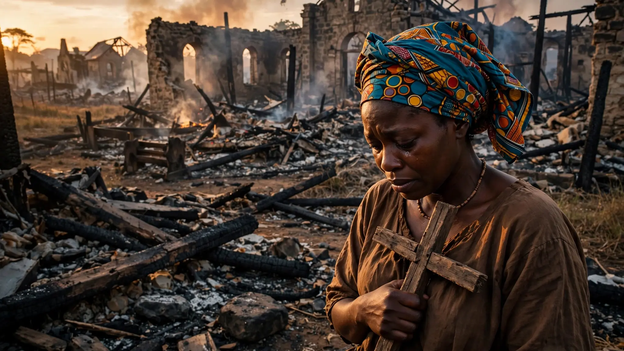 Grieving Nigerian Christian woman holding a wooden cross amid the charred ruins of a burnt village church at dusk
