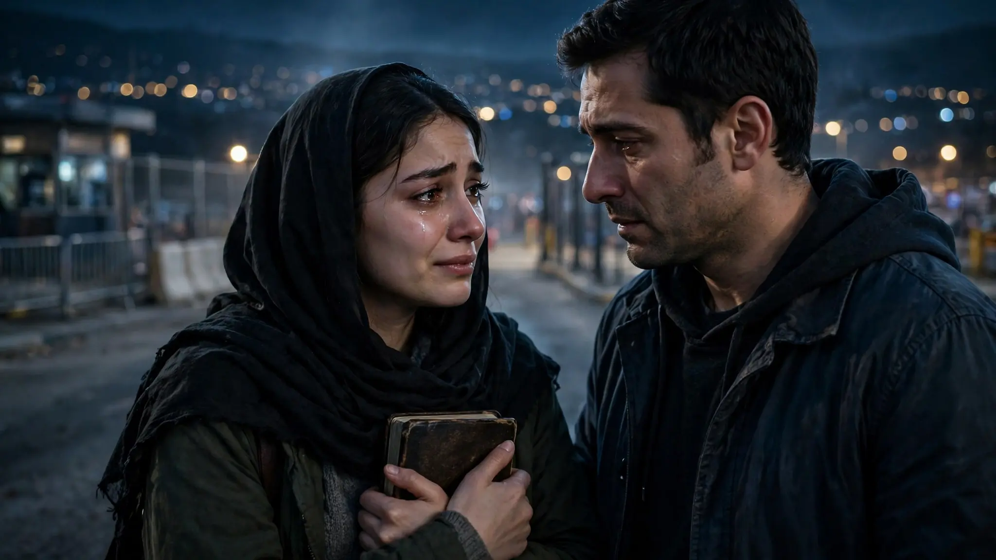Young Iranian Christian woman clutching a small Bible at a border crossing at night with her husband
