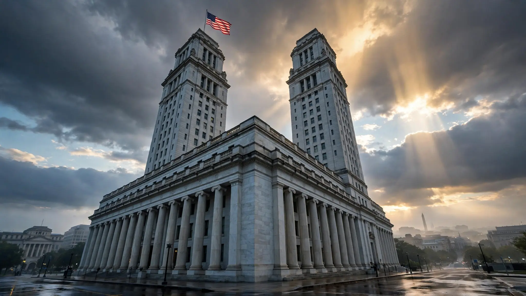 Imposing marble bank headquarters towers in Washington DC at dawn with an American flag