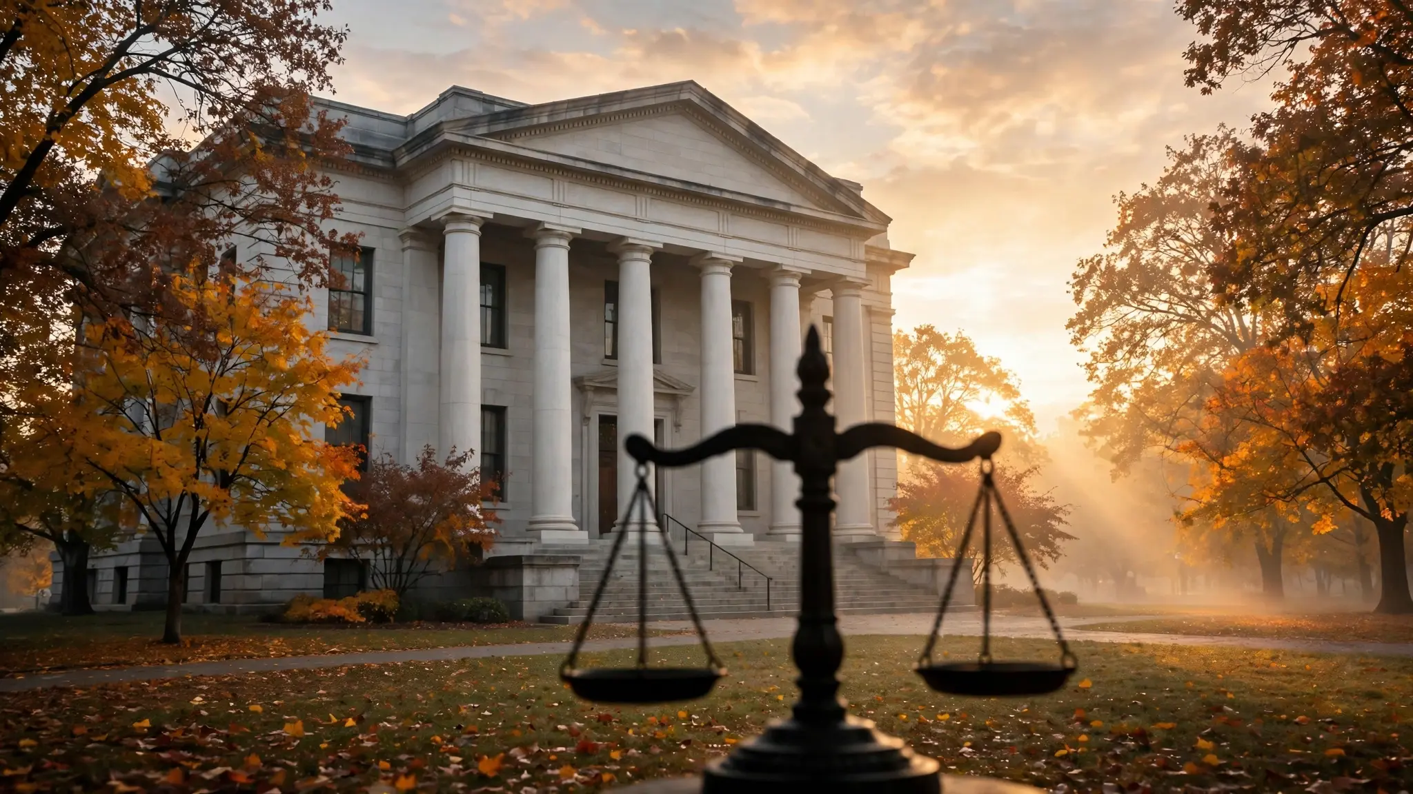 Grand Virginia courthouse with tall white columns at sunrise