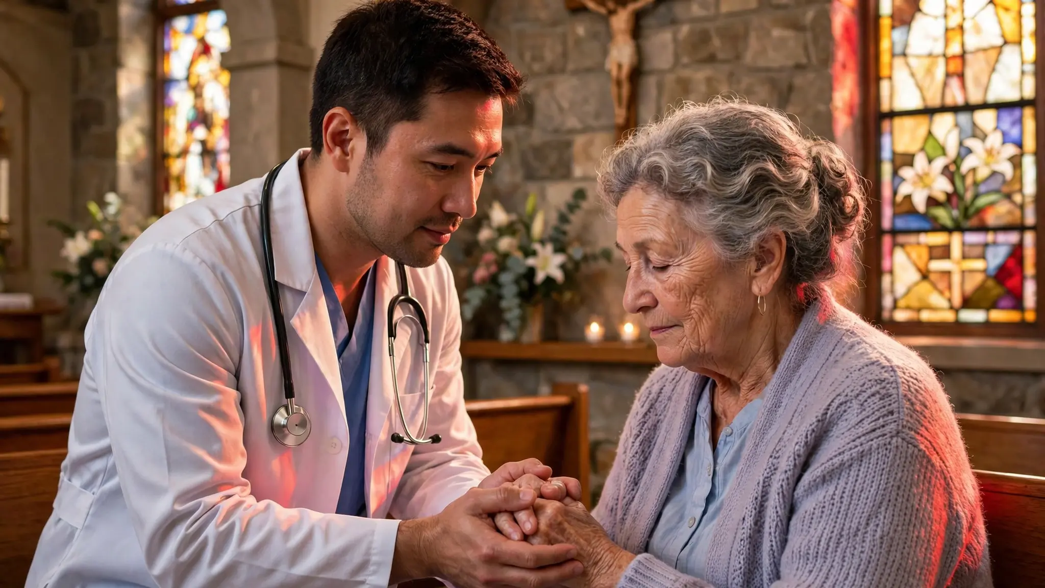 Compassionate doctor holding the hands of an elderly patient in a bright Catholic hospital chapel