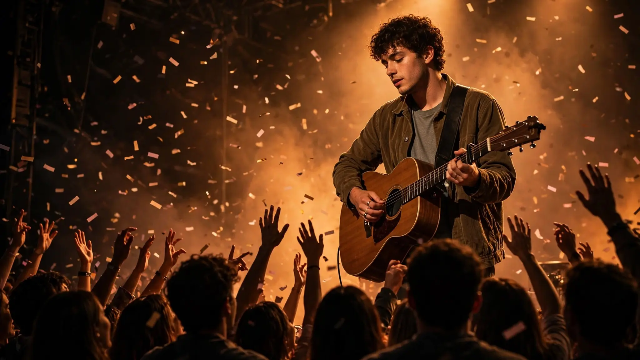 Young folk-pop musician with acoustic guitar performing on a concert stage under warm amber spotlight