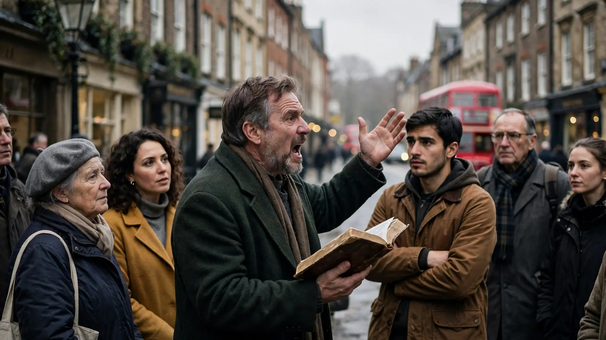 Street preacher with open Bible speaking on a historic English high street as a crowd gathers