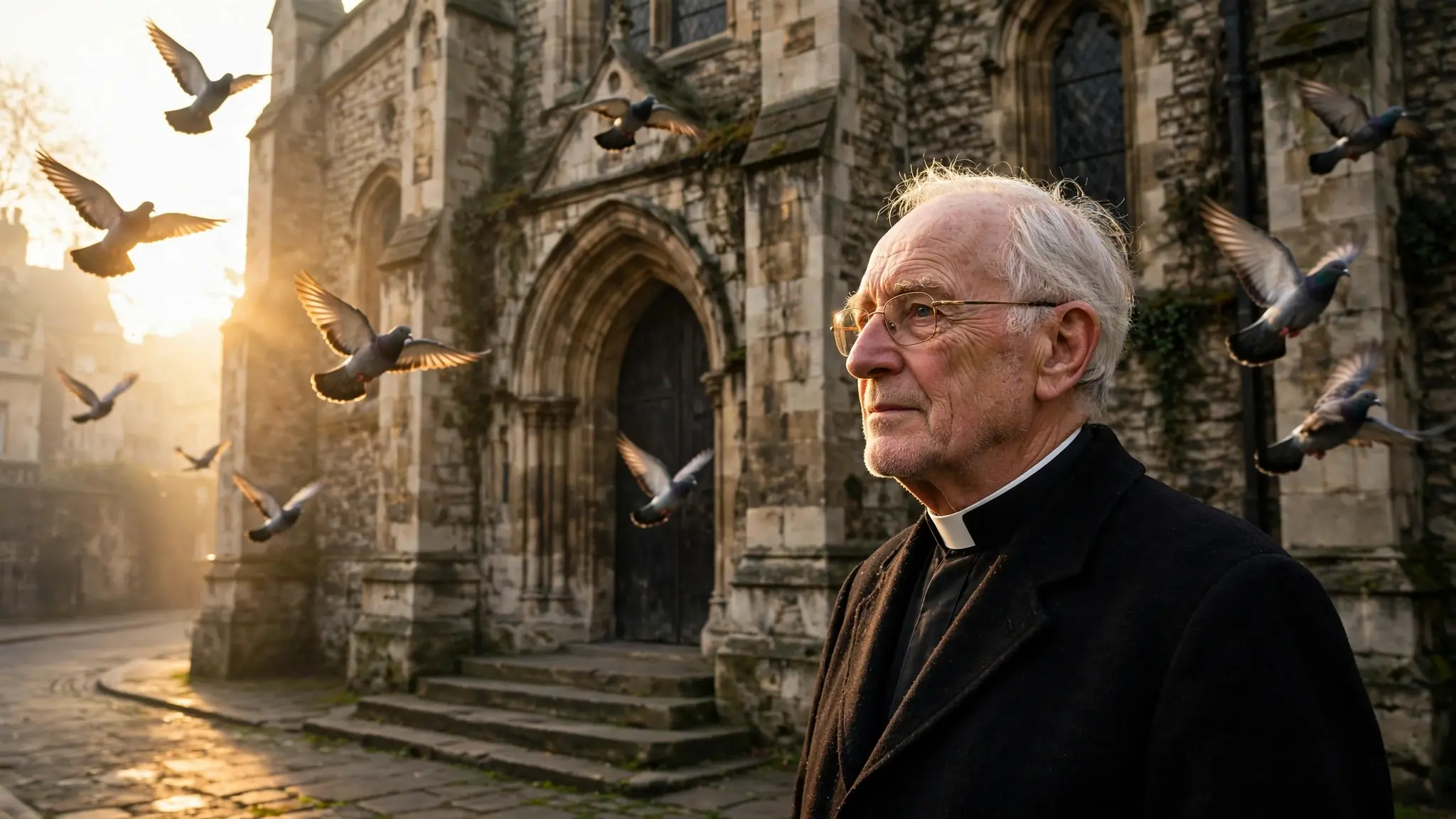 Elderly Anglican vicar in clerical collar before the ancient stone facade of a London church