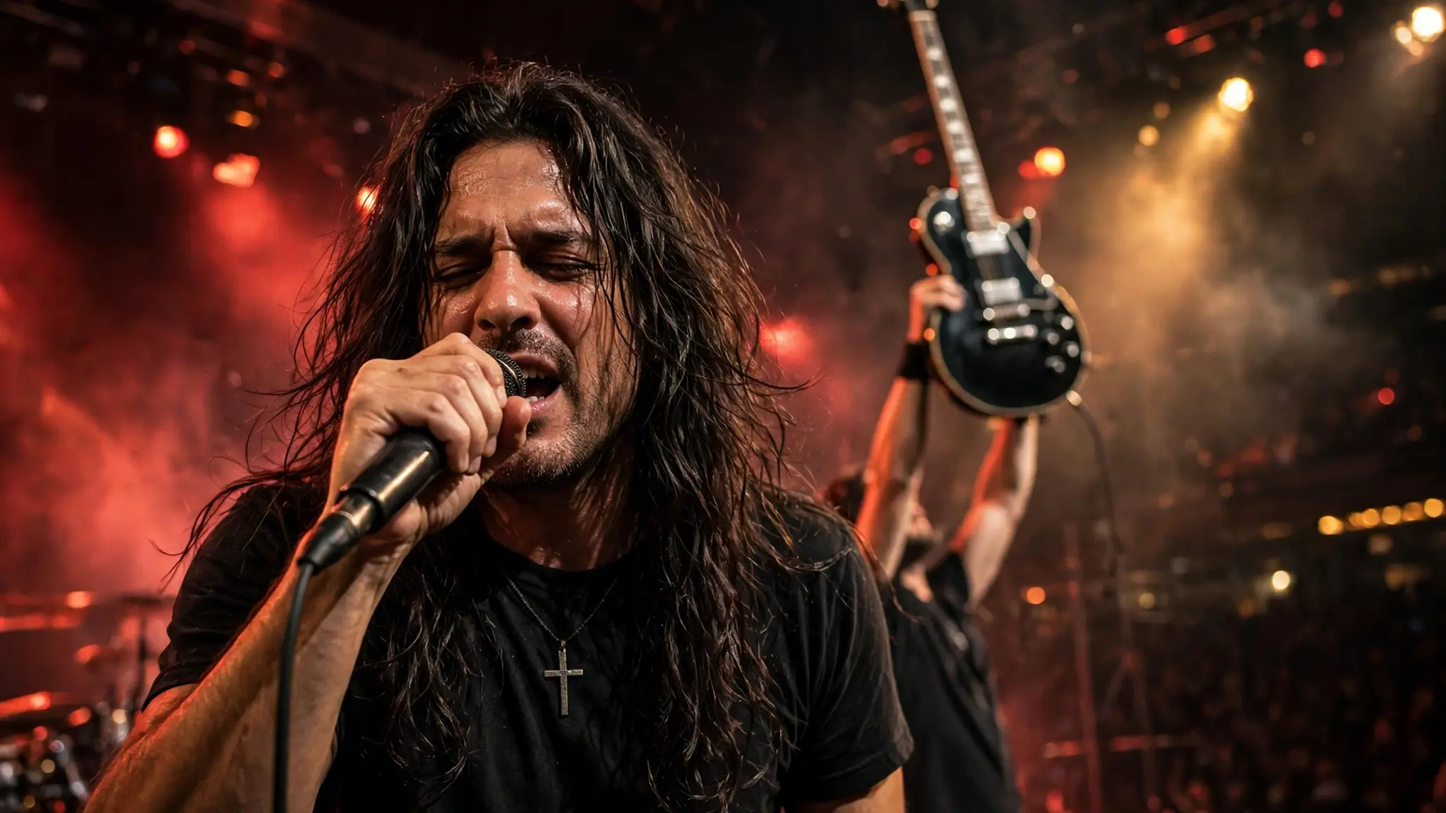 Christian rock frontman gripping a microphone on a dark arena stage under dramatic red and gold lights