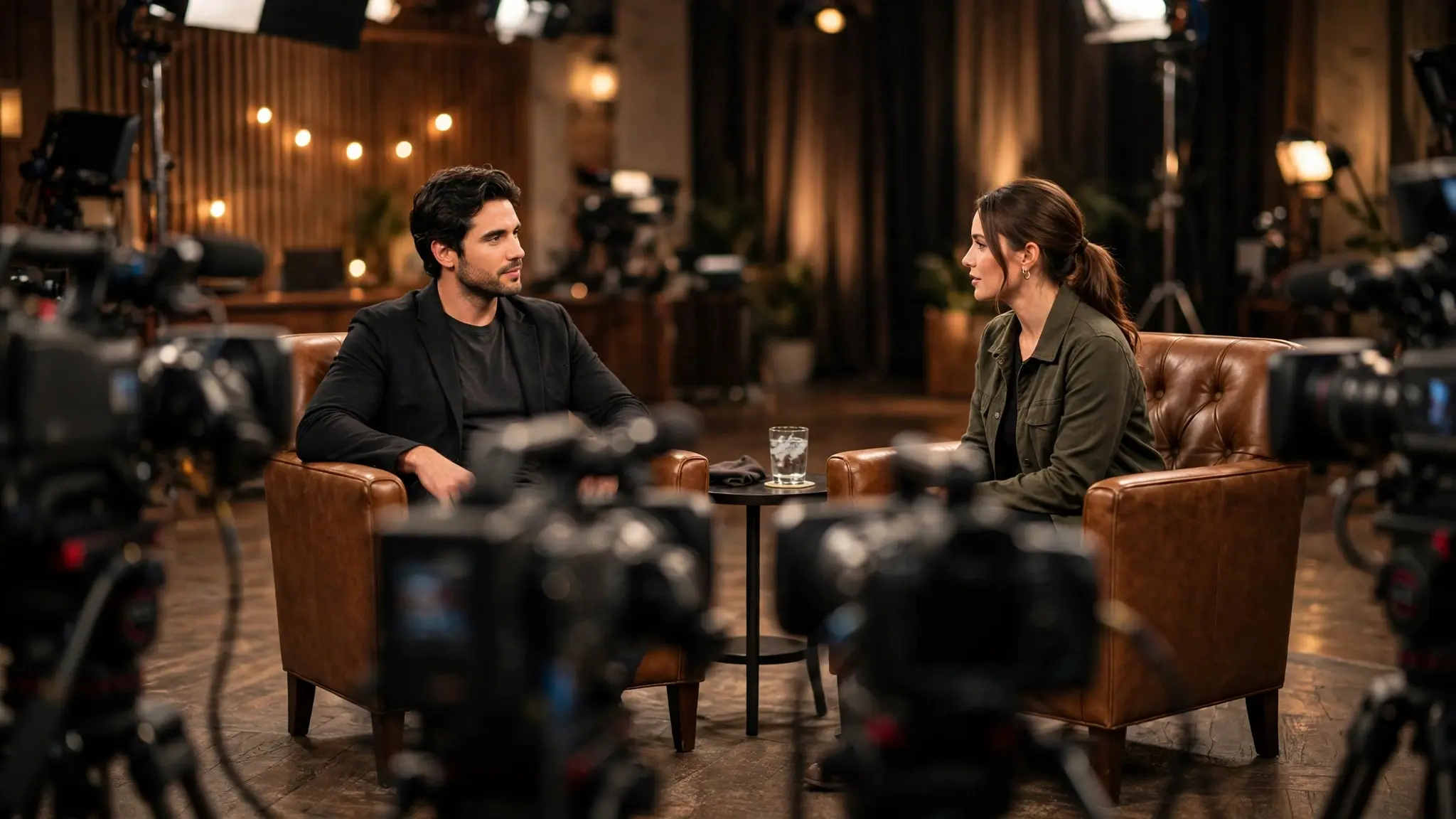 Celebrity interview in a warm television studio with two armchairs facing each other under soft lights