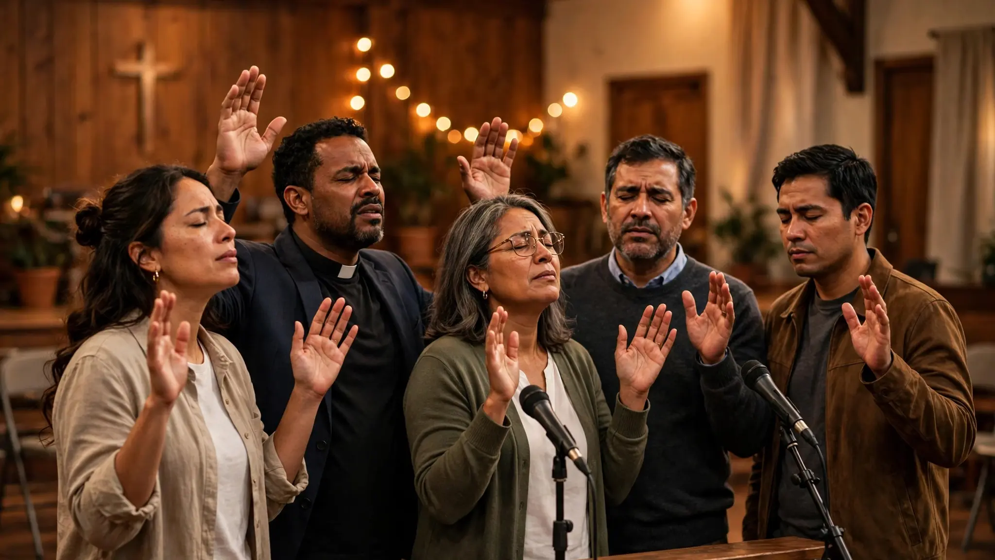 Pastores y líderes cristianos orando juntos con las manos en alto en una jornada de avivamiento en Argentina